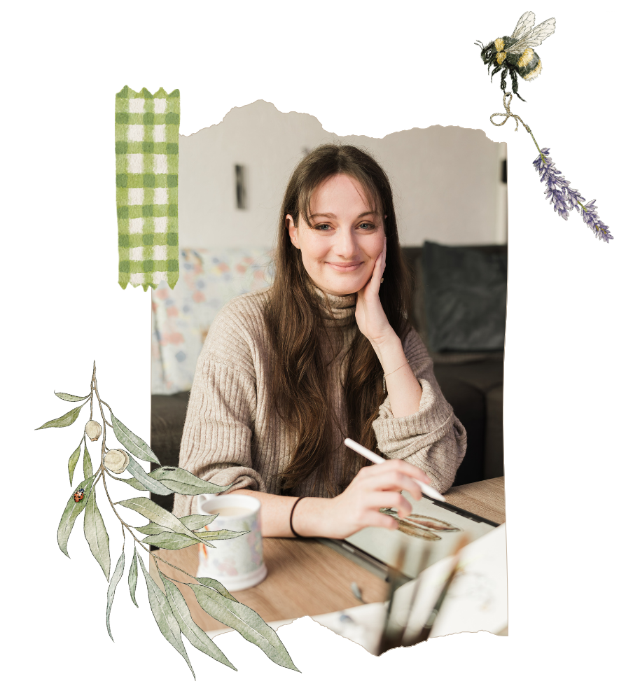 Julia Hope smiling at the camera in a collage of her whimsical watercolor bunny art, woodland creature illustrations, and Beatrix Potter-inspired artwork.