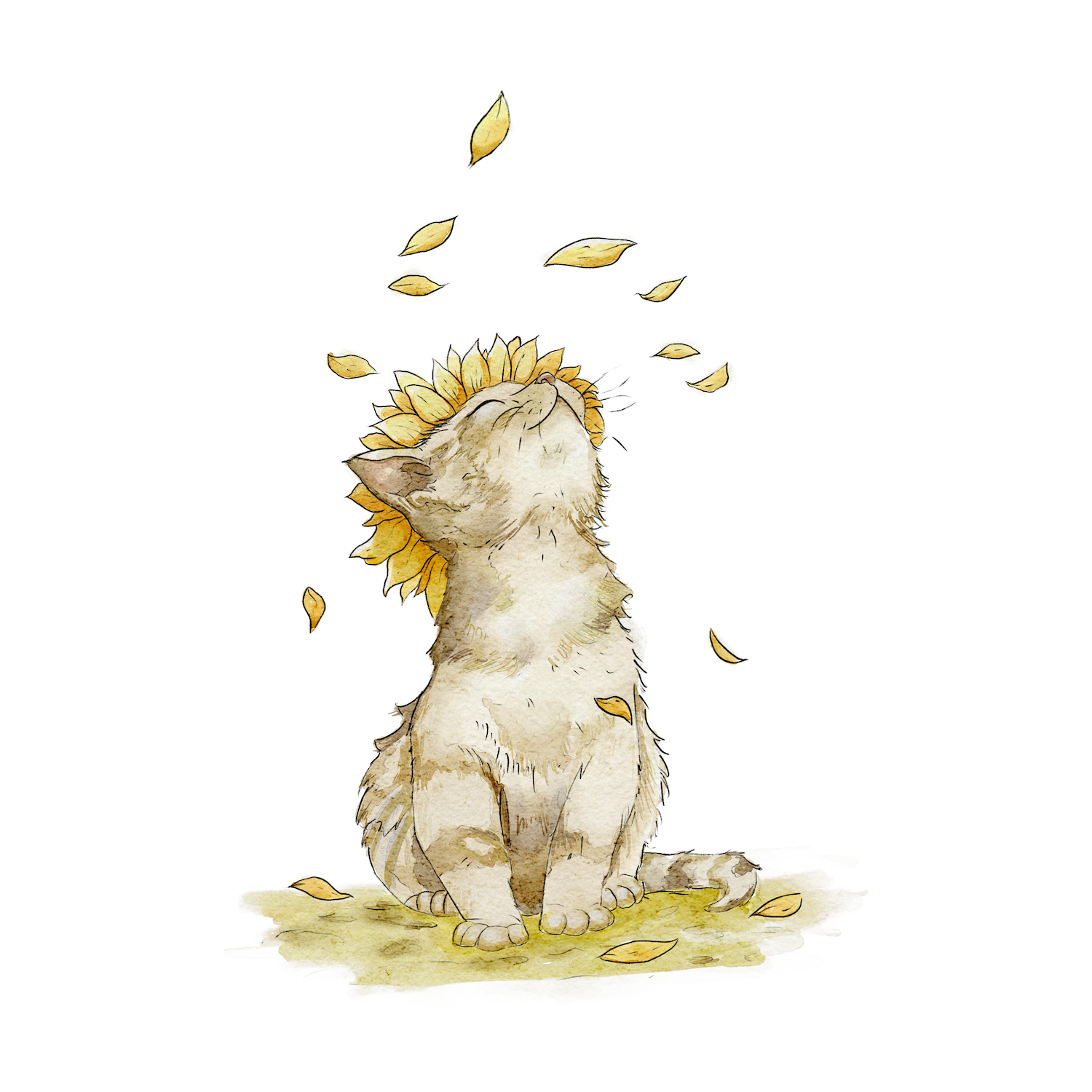 Adorable watercolor illustration of a cat wearing a crown of flowers and leaves, created by Julia Hope, part of her whimsical animal and nature-inspired art collection.