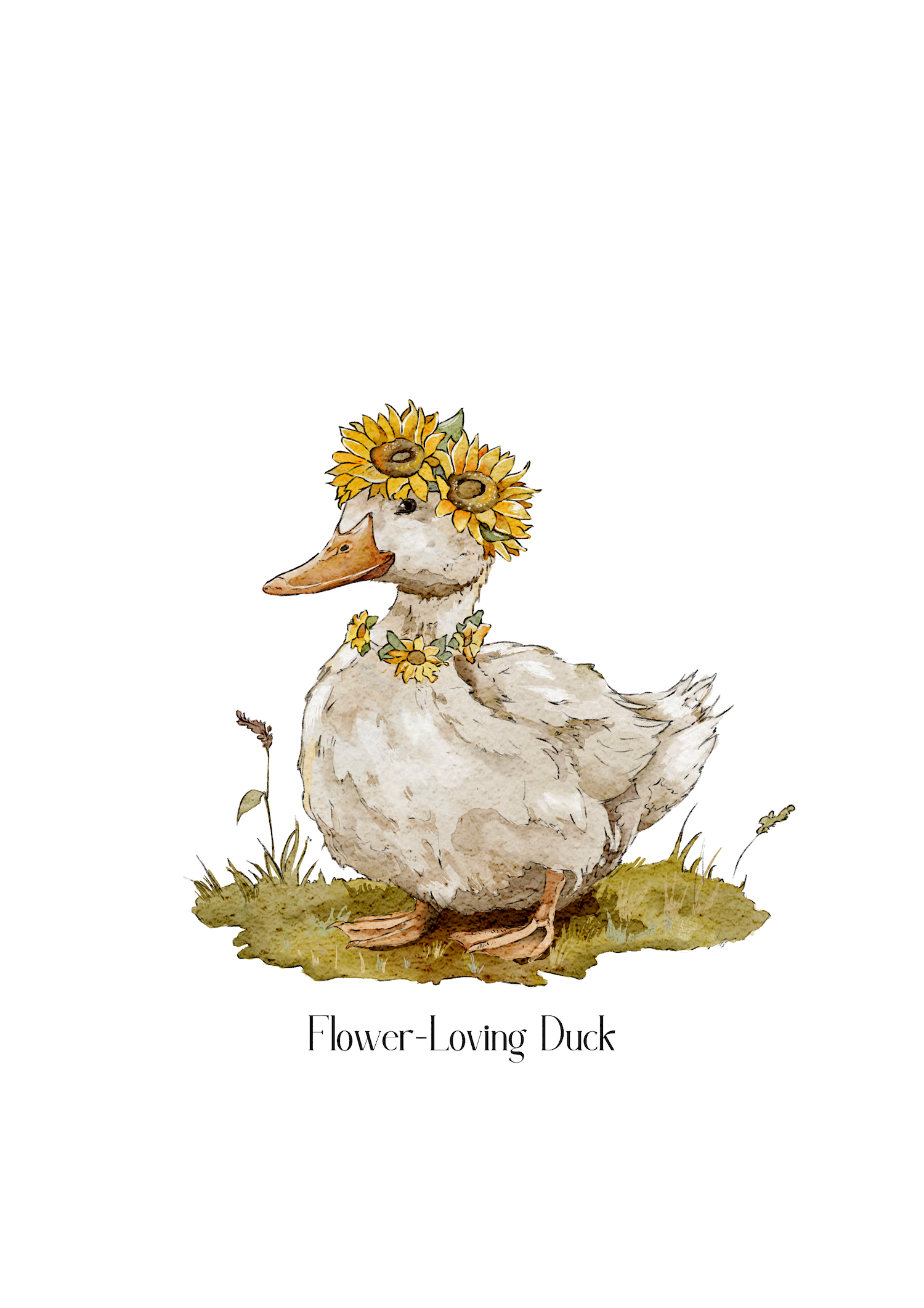 Whimsical watercolor illustration of a flower-loving duck wearing a flower crown, created by Julia Hope, capturing gentle, nature-inspired storybook charm.