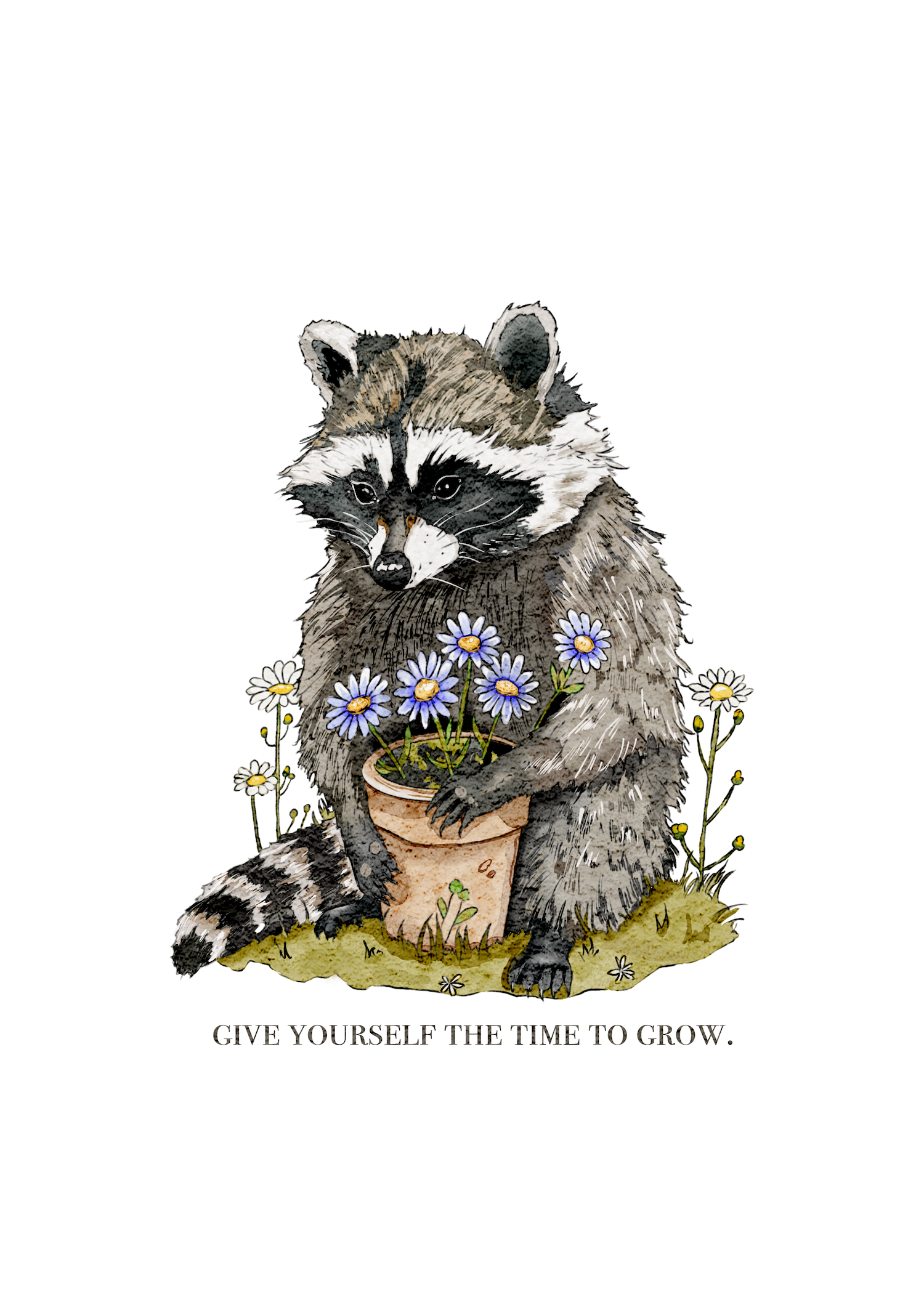 Cute watercolor illustration of a raccoon holding a flower pot by Julia Hope, part of her whimsical animal art series inspired by nature and vintage storybook illustrations.