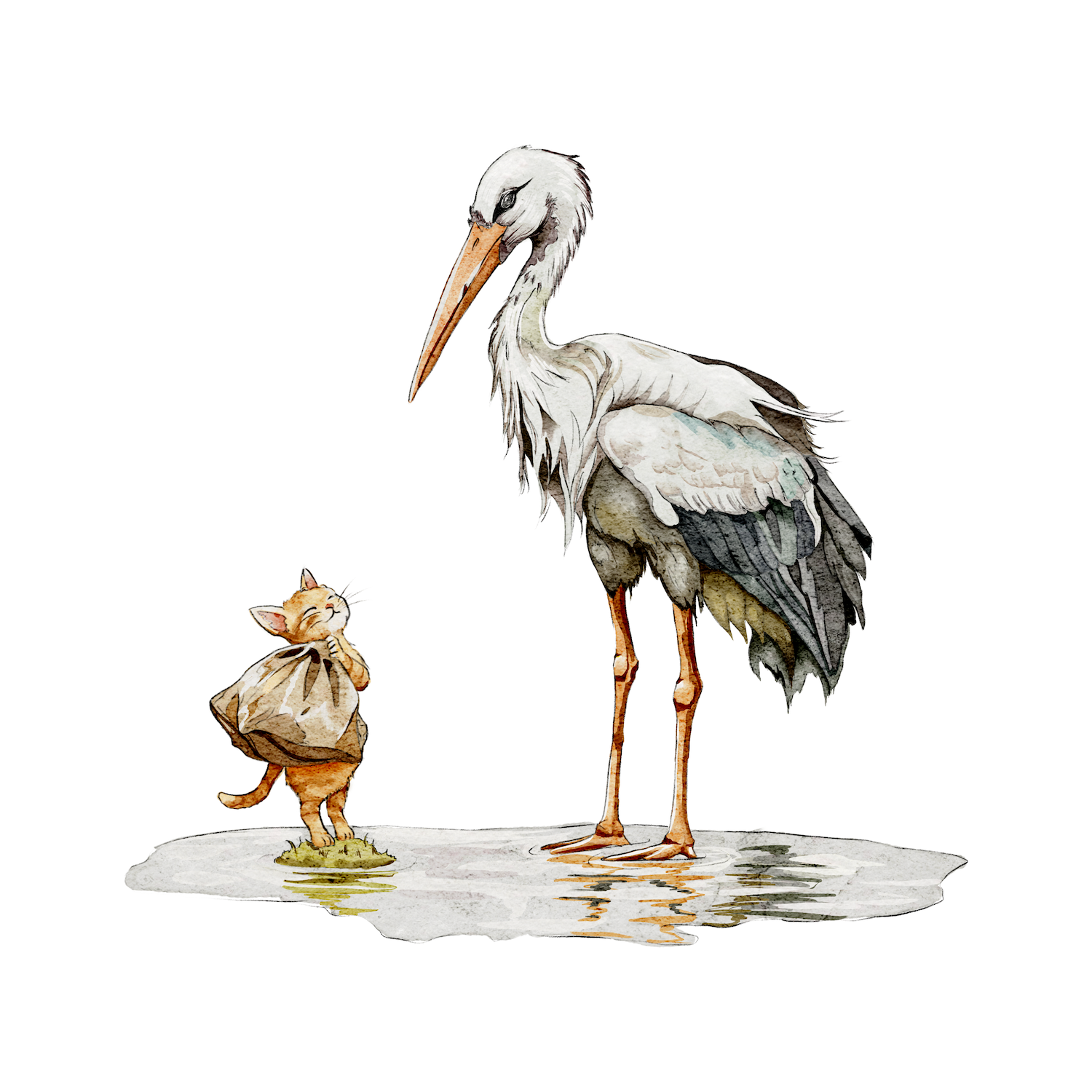 Storybook-style watercolor illustration of a stork and a kitten by Julia Hope, featuring whimsical animal characters and gentle, nature-inspired charm.
