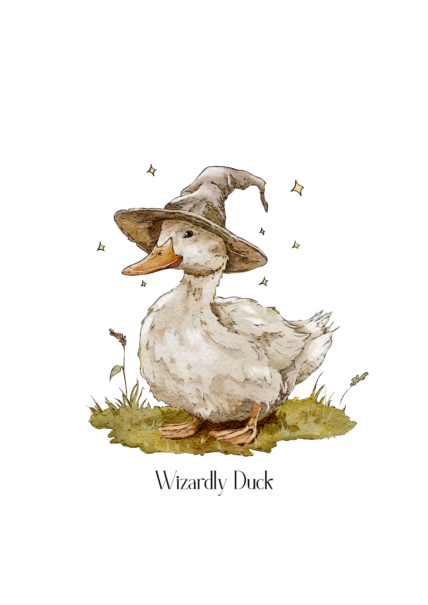 Whimsical watercolor illustration of a wizardly duck wearing a pointed wizard hat, created by Julia Hope, blending fantasy charm with storybook-style animal art.